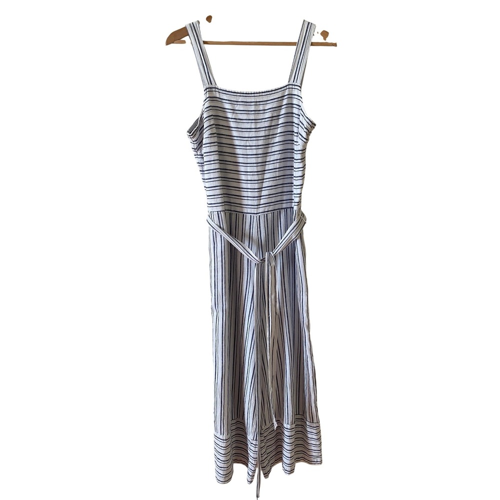 BeachLunchLounge Jumpsuit Sz‎ S Blue White Striped Linen Wide Leg Festival Beach